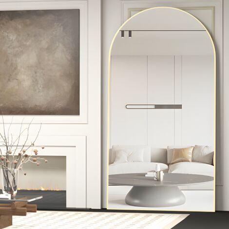 Cassilando – Miroir sur pied 198 x 96 cm – Cadre en aluminium doré – Miroir lisse arqué – Grand miroir mural pour chambre et salon