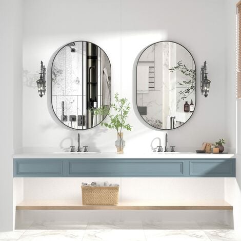 CASSILANDO 75 x 50 cm Miroir Ovale, Miroir de Salle de Bain Ovale de, Cadre en métal, Cadre en alliage d'aluminium Miroir Mural Unique, Miroir de courtoisie Noir pour Salon, Salle de Bain, Chambre, en