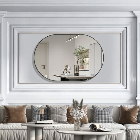 CASSILANDO 75 x 50 cm Miroir Ovale, Miroir de Salle de Bain Ovale de, Cadre en métal, Cadre en alliage d'aluminium Miroir Mural Unique, Miroir de courtoisie Noir pour Salon, Salle de Bain, Chambre, en