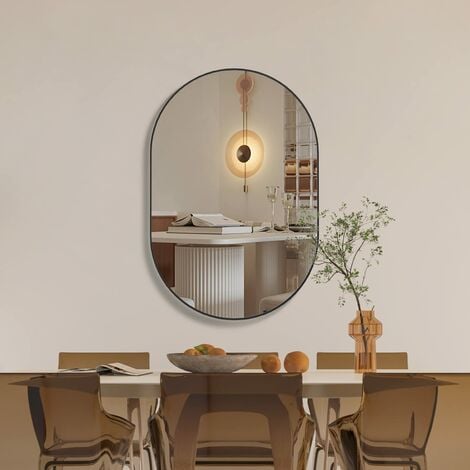 CASSILANDO 75 x 50 cm Miroir Ovale, Miroir de Salle de Bain Ovale de, Cadre en métal, Cadre en alliage d'aluminium Miroir Mural Unique, Miroir de courtoisie Noir pour Salon, Salle de Bain, Chambre, en