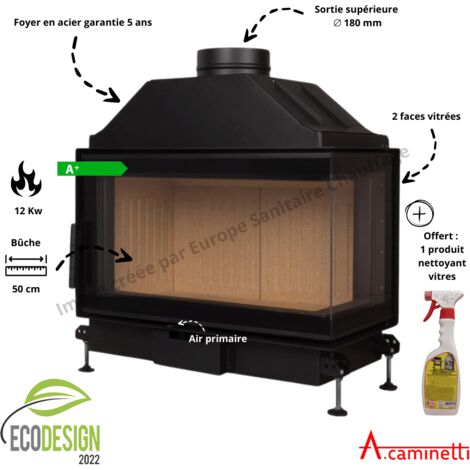 A Caminetti – Foyer à bois Quattro 70 R Open Side – Puissance 7-12 kW – Rendement 75% – Diamètre évacuation 180 mm – Système vitre auto-nettoyante