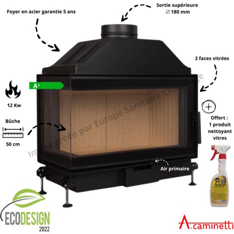 A Caminetti – Foyer à bois Quattro 70 L – Puissance 7-12 kW – Rendement 75% – Évacuation 180 mm – Système auto-nettoyant – Certification Ecodesign