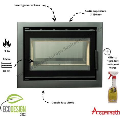 A Caminetti – Insert cheminée double face 90 cm – Puissance 5-9 kW – Rendement 75% – Diamètre évacuation 150 mm – Cadre finition noir