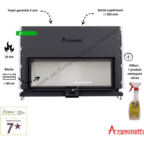A Caminetti – Foyer bois Flat 180 x 50 – Puissance 17-25 kW – Rendement 75 % – Sortie fumées 250 mm – Vitre céramique résistante 800 °C