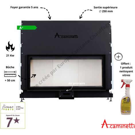 A Caminetti – Foyer à bois 120 x 60 – Puissance 15-21 kW – Rendement 81 % – Sortie fumées 250 mm – Vitre céramique jusqu'à 800 °C - FLAT 120 X