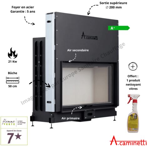 A Caminetti – Foyer à bois insert cheminée 120 x 50 cm – Puissance 15-21 kW – Rendement 81% – Sortie fumée 250 mm – Verre céramique résistant 800 °C - FLAT 120 X