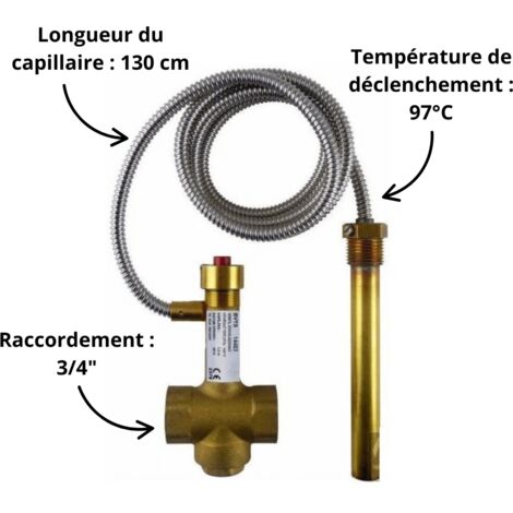 Soupape de sécurité thermique 3/4' – Pression max 3 bars – Température de déclenchement 97°C – Longueur capillaire 130 cm