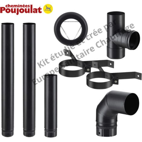 Poujoulat – Kit complet de fumisterie conduit émaillé 100 mm – 2 sections droites 100 cm – 1 section droite 50 cm – Coude à angle droit – Raccord en T 90°