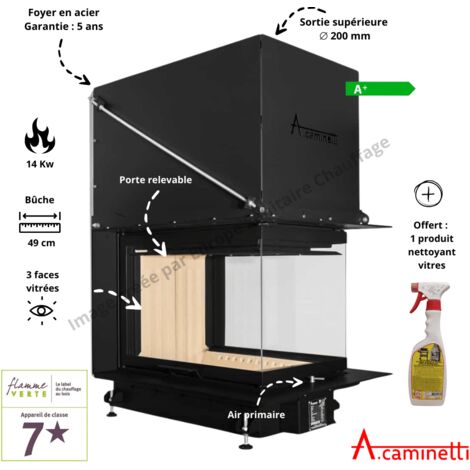 A Caminetti – Foyer à bois 3 faces 50x70 – Puissance 7-14 kW – Rendement 85% – Évacuation 200 mm – Chambre en vermiculite – Certifié Ecodesign