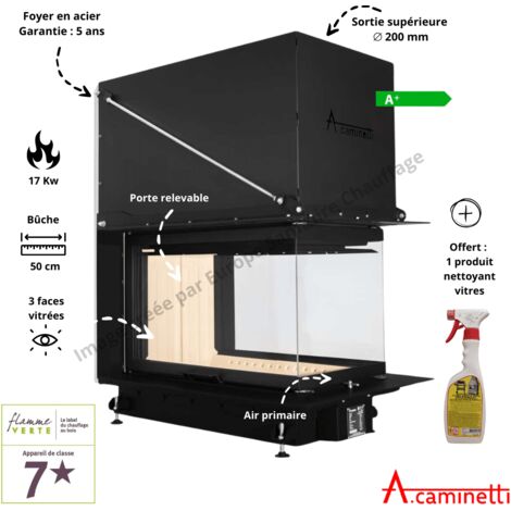 A Caminetti – Foyer à bois 3 faces Crystal 3D Max – Puissance 13-17 kW – Rendement 87% – Diamètre évacuation 200 mm – Vitre céramique résistante 800°C