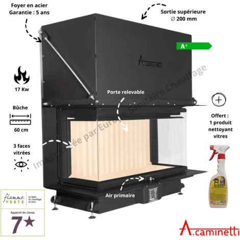 A Caminetti – Foyer à bois Crystal 110 Max – Puissance 13-18 kW – Rendement 88% – Diamètre évacuation 200 mm – Vitre céramique 800°C
