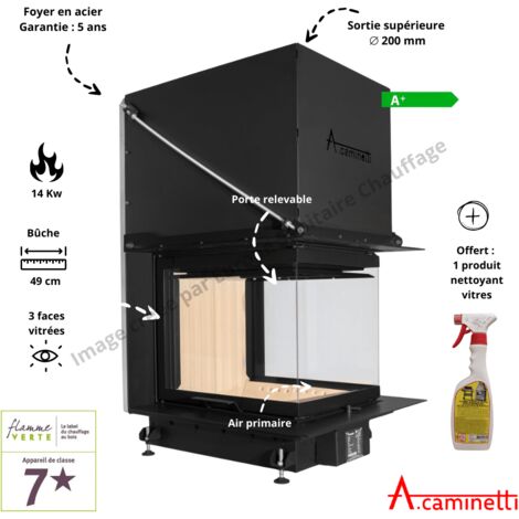 A Caminetti – Foyer bois 3D 50x60 – Puissance 7-14 kW – Rendement 85% – Évacuation fumées 200 mm – Vitre céramique résistante 800°C