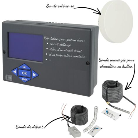 Kit régulation électronique avec sonde extérieure et sonde de chauffage – Régulateur avec écran LCD – Pour circuits directs et mélangés (1/2)