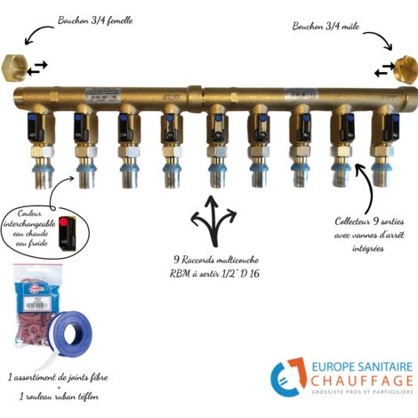 Collecteur 9 sorties avec vannes intégrées – Raccords multicouche en laiton nickelé – Entraxe 50 mm – Pression max 10 bars – Température max +95°C