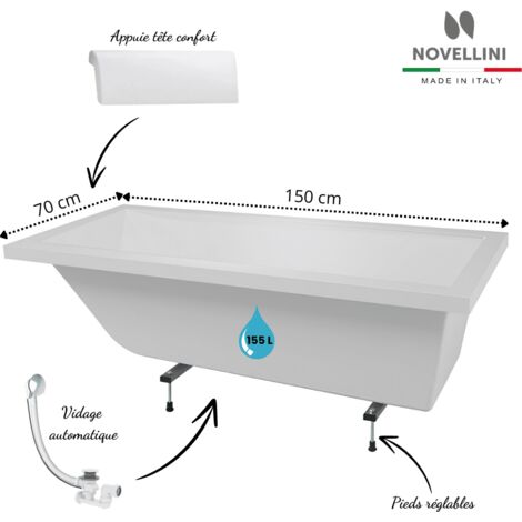Pack baignoire rectangulaire CALOS 2.0 Novellini avec pieds + repose tête + vidage Dimensions 150x70