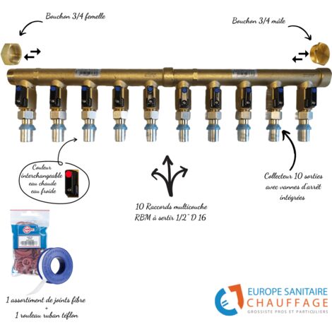Collecteur 10 sorties avec vannes intégrées – Raccords multicouche 16mm en laiton nickelé – Pression max 10 bars – Température max +95°C