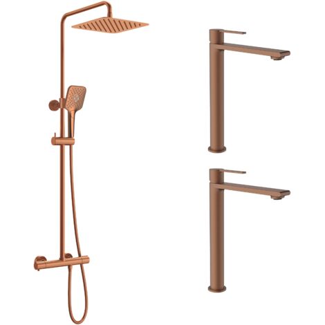 Ensemble 2 mitigeurs lavabo réhaussés + Colonne de douche Couleur Cuivre brossé (1/5)