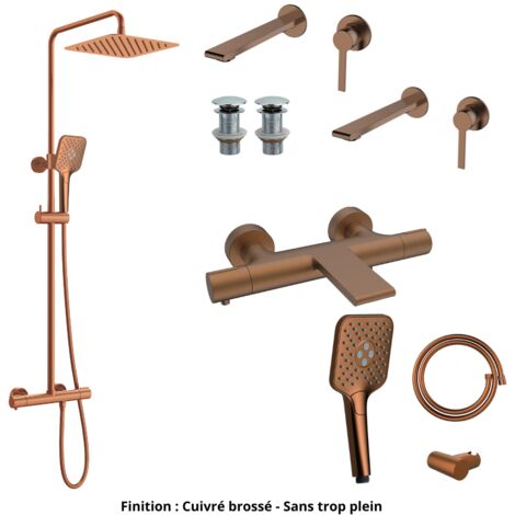 2 Mitigeurs lavabo +2 Bondes +Colonne de douche +Mitigeur Bain+Support douchette Couleur Cuivre brossé Version Bonde sans trop plein (1/5)