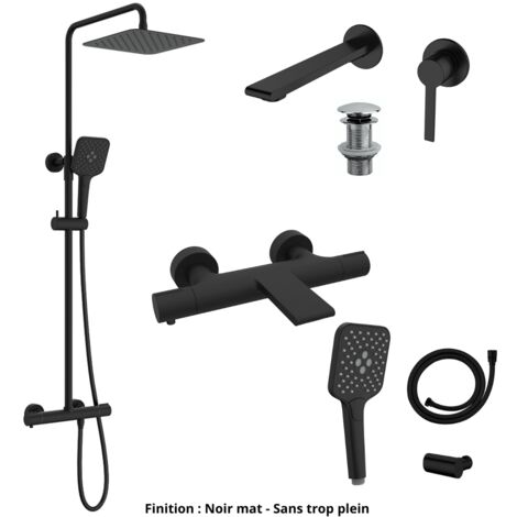 Mitigeur lavabo + Bonde + Colonne de douche + Mitigeur Bain + Support douchette Couleur Noir mat Version Bonde sans trop plein (1/5)