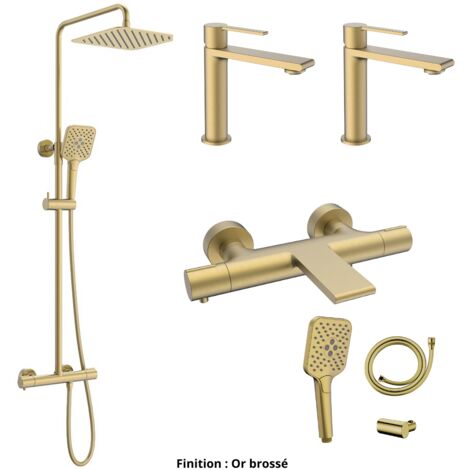 Ensemble 2 Mitigeurs lavabo + Colonne de douche + Mitigeur Bain + Support douchette flexible Couleur Or brossé (1/5)