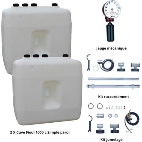 Roth – Pack de 2 cuves à fioul 1000 L – Polyéthylène imputrescible – Kit de raccordement n°5 pour jumelage – Jauge mécanique verticale