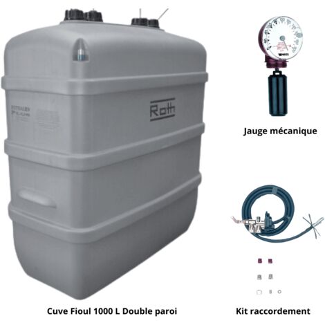 Roth – Cuve à fioul 1000 L double paroi – Polyéthylène haute densité – Jauge mécanique verticale – Kit de raccordement inclus