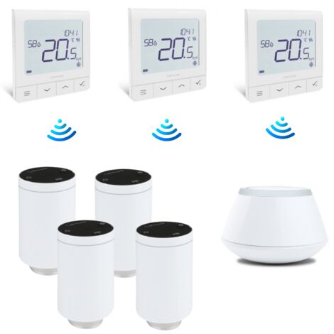 Pack de 4 têtes connectées TRV10RFM + centrale UGE600 + 3 thermostats SQ610RF – Contrôle intelligent chauffage – Économie d'énergie – Salus (1/3)