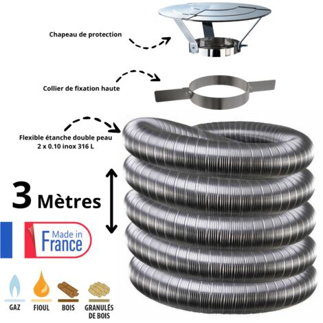 Edilinox – Kit complet de fumisterie tubage flexible double paroi inox 80mm – Longueur 3 mètres – Collier et chapeau inclus – Résistance haute température