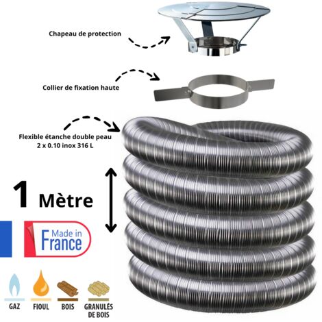Edilinox – Kit complet de fumisterie tubage flexible double paroi inox 130mm – Longueur 1 mètre – Collier et chapeau inclus