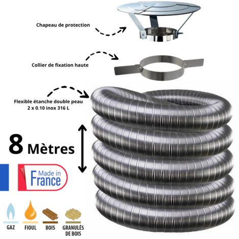 Edilinox – Kit complet de fumisterie tubage flexible double paroi inox 130mm – Longueur 8 mètres – Collier et chapeau inclus