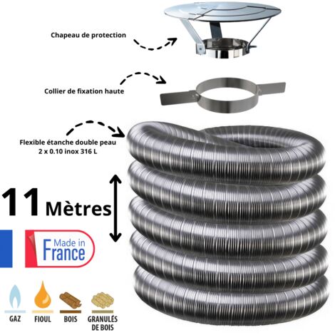 Edilinox – Kit tubage flexible double peau inox 150mm – Longueur 11 mètres – Collier de fixation D150 et chapeau inclus – Évacuation fumées poêle cheminée (1/2)