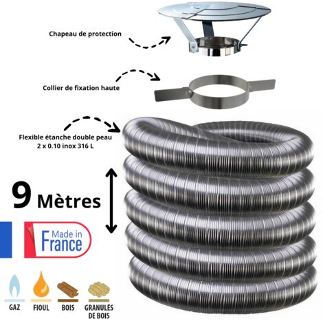 Edilinox – Kit complet de fumisterie tubage flexible double paroi inox 130mm – Longueur 9 mètres – Collier et chapeau inclus – Résistant aux températures élevées
