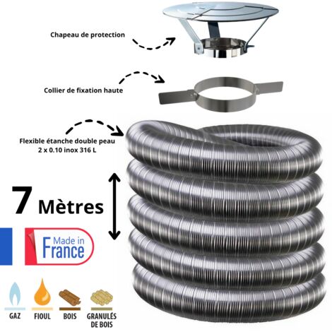 Edilinox – Kit complet de fumisterie tubage flexible double paroi inox 130mm – Longueur 7 mètres – Collier et chapeau inclus – Installation intérieure sécurisée