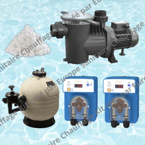 Pack Filtre à sable + Pompe  + Balles filtrantes + Pompe chlore + Pompe PH Volume max du bassin 80 m³