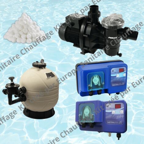 Pack Filtre à sable + Pompe + Balles filtrantes + Pompe chlore + Pompe PH Volume max du bassin 30 m³