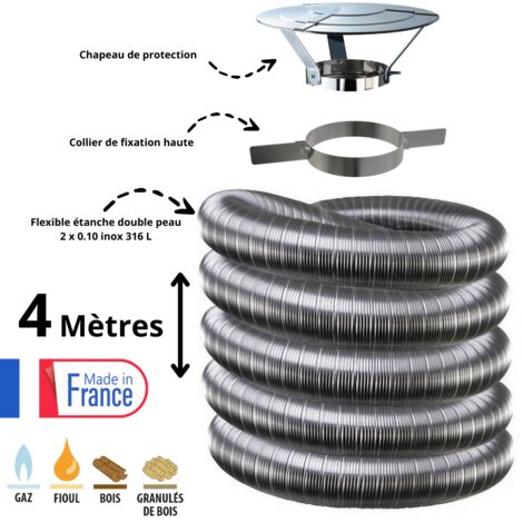 Edilinox – Kit tubage flexible double paroi inox 200mm – Longueur 4 mètres – Collier de fixation D200 – Chapeau de toit réglable (1/2)