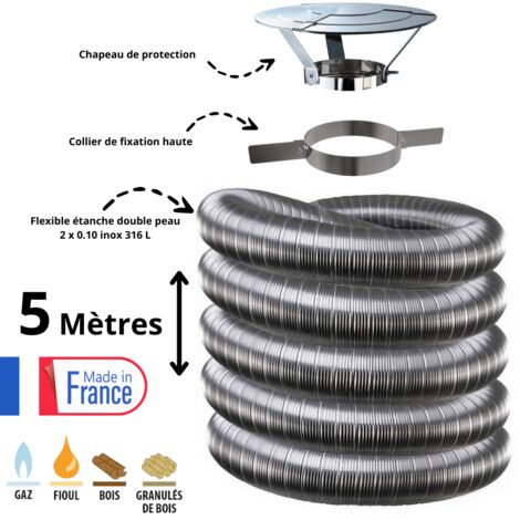 Edilinox – Kit tubage flexible double paroi inox 200mm – Longueur 5 mètres – Collier et chapeau inclus – Évacuation fumées poêle et cheminée