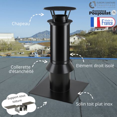 Poujoulat – Kit sortie toit plat Therminox 150mm – Finition noir mat – Conduit isolé double paroi – Compatible systèmes chauffage bois et gaz