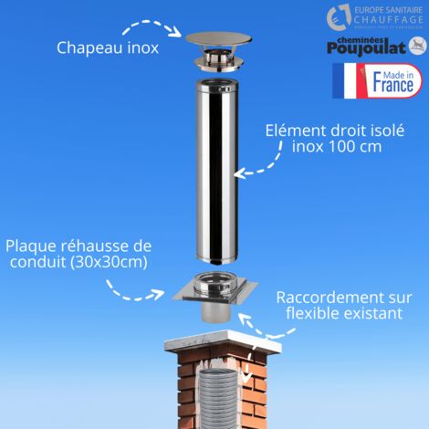 Poujoulat – Kit réhausse conduit isolé pour conduit maçonné – Conduit inox double paroi Ø80mm – Plaque d'étanchéité 300x300mm – Chapeau pare-pluie