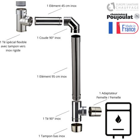 Poujoulat – Kit raccordement inox sortie arrière 150mm – Adaptateur simple paroi femelle/femelle – Té inox 90° – Coude inox 90° – Éléments droits 95 et 45 cm (1/2)