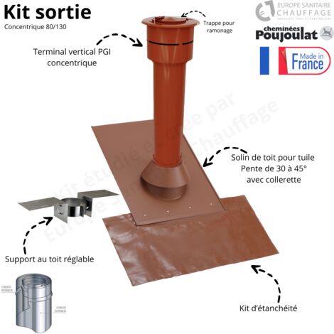 Poujoulat – Kit sortie de toit tuile rouge concentrique – Pente 30 à 45° – Diamètre conduit ∅ 80/130 mm – Évacuation fumées et air frais optimisée