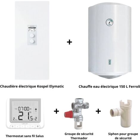 Kospel – Pack chaudière électrique 7/9/11/14 kW – Chauffe-eau 150 L – Régulation météo – Écran LCD – Installation simplifiée