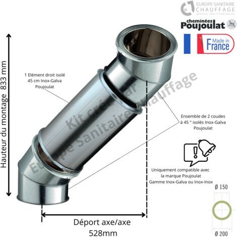 Kit 2 coudes à 45 degrés + 45 cm Inox-Galva Poujoulat Diamètre 150