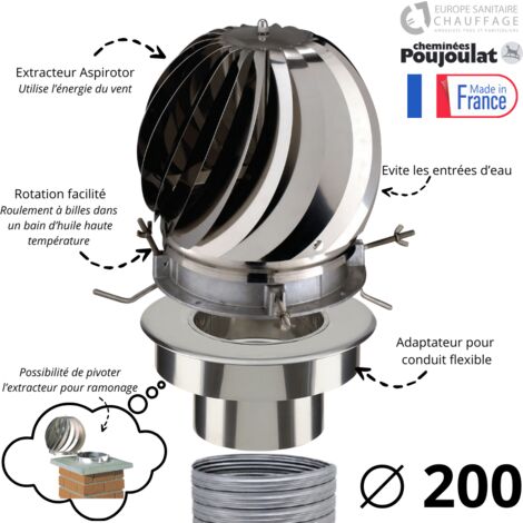 Poujoulat – Extracteur de fumées Aspirotor – Adaptateur tubage 200 mm – Matériaux résistants aux intempéries – Installation avec crochets inox (1/2)