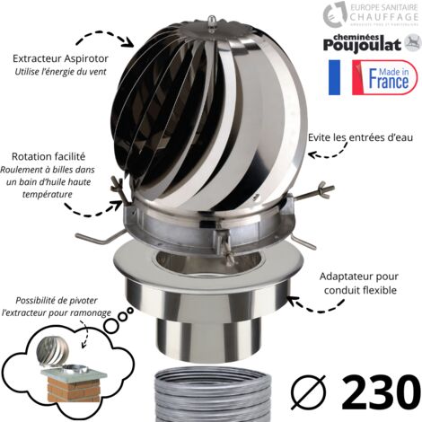 Poujoulat – Extracteur de fumées Aspirotor – Adaptateur tubage flexible Ø230 mm – Turbine inox pour dépression naturelle – Installation facile et silencieuse