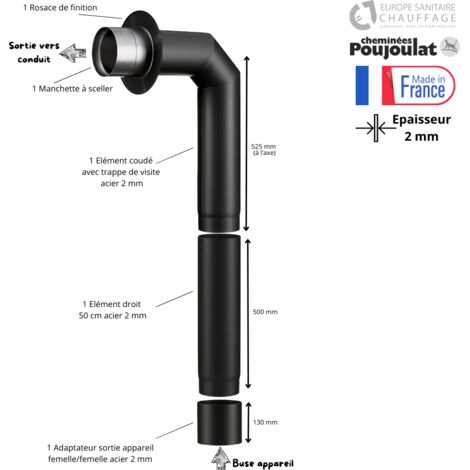 Poujoulat – Kit raccordement poêle à bois acier noir mat 2 mm – Longueur 50 cm – Adaptateur 130 mm pour évacuation optimale – Installation facile