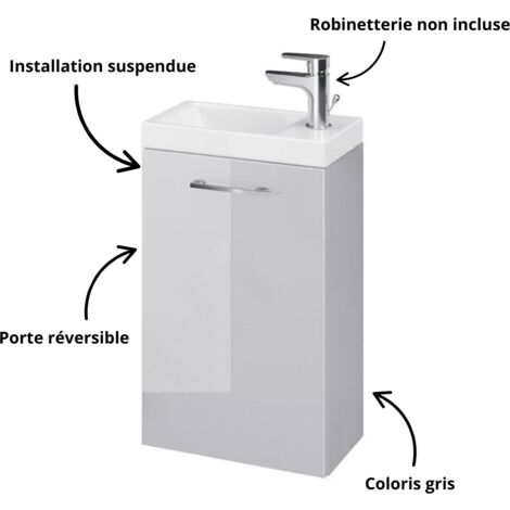 Cersanit – Meuble lave-mains suspendu compact 590x392x215mm – Finition grise élégante – Installation murale – Porte réversible