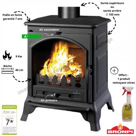 Bronpi – Poêle à bois en fonte 9 kW – Rendement 78 % – Bûches jusqu’à 40 cm – Système vitre propre – Technologie double combustion (1/5)