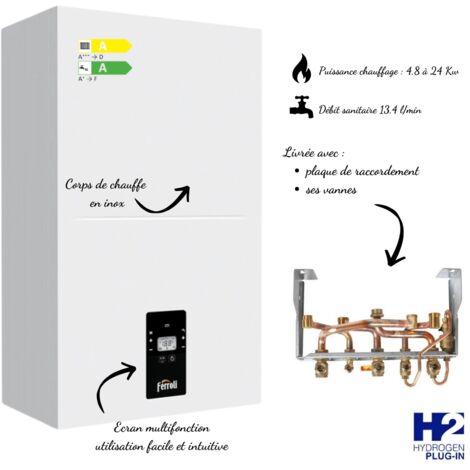 Ferroli – Chaudière gaz à condensation 28kW – Rendement 109,7% – Débit sanitaire 13,4 l/min – Compatible panneaux solaires – Accessoires inclus