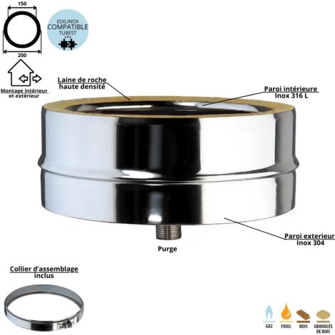 Edilinox – Tampon purge conduit double paroi isolé 150mm – Inox 304/316 – Isolation 25mm laine de roche – Certifié T600 pour évacuation condensats
